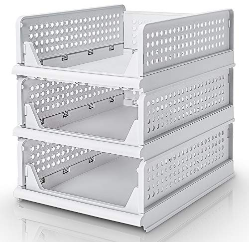 Yorbay Schubladenbox, 3er Set, Stapelbare Kleiderschrank Organizer, Regal Aufbewahrungsbox, Trennwand Stapelschubladen für Kleidung Küchen Schlafzimmer, Weiß