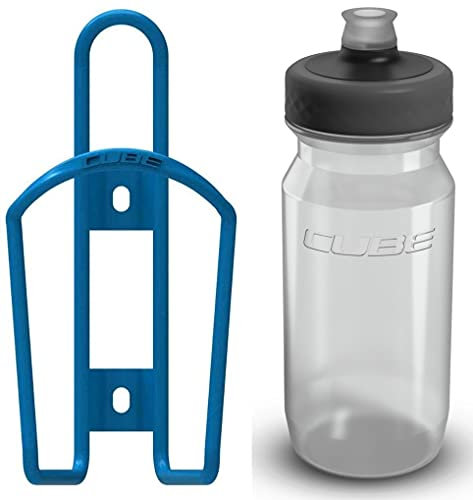 Cube HPA Cage - Matt Blue & Grip Bottle - Clear, 500ml / Lightweight Bicycle Cycling Cycle Bike MTB Mountain Road Water Drink Flask Bidon Bracket Mount Holder Carrier Part HPC HPP Set Accessories