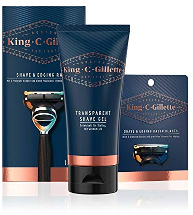 King C. Gillette Rasierset mit Rasierer Herren und Bartpflege, Bartrasierer + 4 Rasierklingen + Rasiergel, Vorteilspack