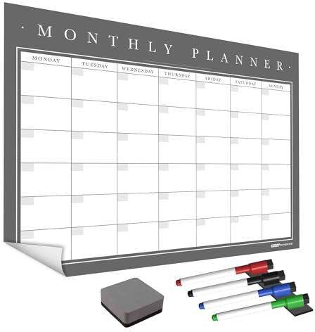 WallTAC A3 Monthly Wall Planner Sticker with Whiteboard Pens | Easy-to-Remove Dry Wipe Calendar with Reusable Adhesive | Meal Planner or to Do List for Home and Office [30 x 42cm]