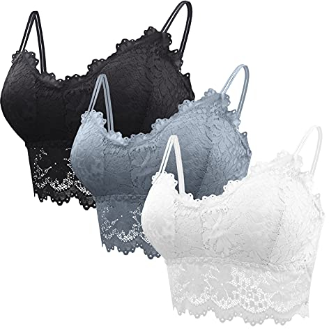 FEOYA Damen Blumen Spitzen BH Ohne Buegel 3 pcs Bralette Bustier Bequemer Lace Bra mit Gepolstert Yoga Spitze BH Bra Top Set Sport-BHS für Women