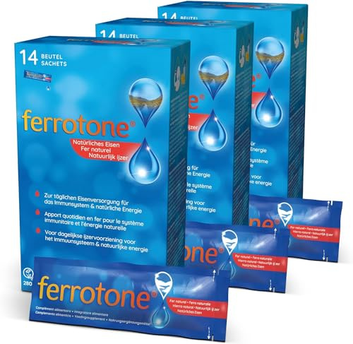 Ferrotone Eisen Liquid Vorteils-Set 3x14 Stück – Bei Eisenmangel & Müdigkeit – Natürliche Eisenquelle – Hohe Bioverfügbarkeit & Besser Verträglich als Hochdosierte Eisentabletten – Vegan – 14x20ml