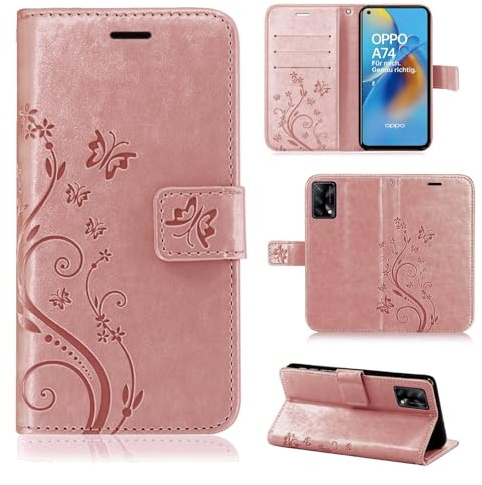 Hülle Kompatibel mit Oppo A74 / A74 4G | Premium PU Leder Handyhülle Wallet Case für A74 / A74 4G | Schutzhülle Blumen Klapphülle Handyhülle | Rosegold