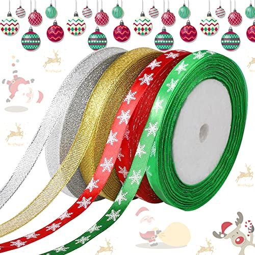 Augshy 4 Rollen 100 Yards Schleifenband Weihnachten 10mm Breite Geschenkband für Weihnachten Feiertags Geschenk Verpackung Dekorationen