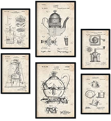Nacnic Set von 6 Plakaten mit Kaffeemaschine Patenten. Plakate mit Retro-Patentabbildungen. Inneneinrichtung im Vintage-Stil. Grösse A4 und A3. Ohne Rahmen.