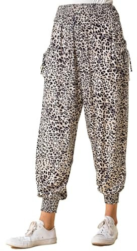 Roman Originals Wave Print Stretch Hareem Trousers for Women UK - Ladies Everyday Holiday Spring Summer Comfy Soft Evening Vacation Work Party - Black Natural - Size 14