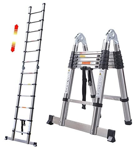 Telescopic Ladder 3.8M Attic Ladders Stainless Steel Folding Ladder with stabiliser Bar Load 330LBS, Muilti-Purpose Foldable & Extendable Ladder with EN 131 Certification