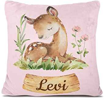 Personalisiertes Babykissen mit Tierdruck – weiches Fleecekissen mit Namen und Datum zur Taufe oder Geburt – Babygeschenk oder Geburtskissen - Kinder Kissenbezug - Kopfkissenbezug (Kitz)