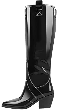 Only maker Spitze Kniestiefel mit Blockabsatz Combat Boots Biker Boots Reitstiefel Lack Schwarz EU 46