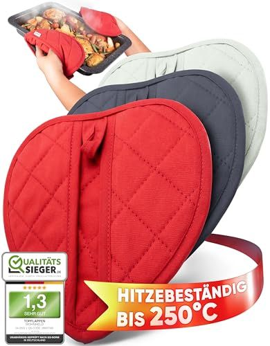 WOHNHELD® Topflappen Set [Extrem Hitzebeständig 250°C] 2 Stück - Waschmaschinen geeignet - Ofenhandschuhe Küchenhelfer Topflappen Handschuh Topfhandschuhe Topfuntersetzer - 20 x 20 cm - Rot Herz
