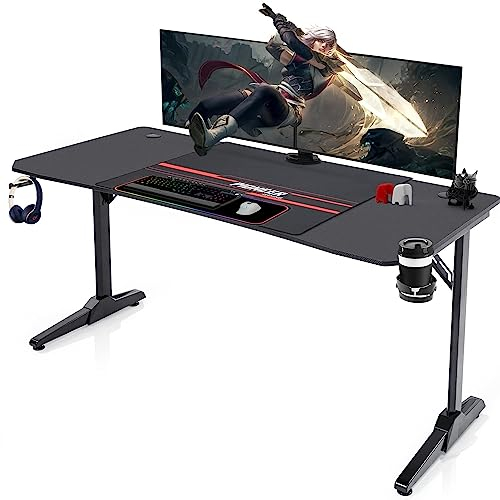 Devoko Bureau Gaming 140 x 60cm, Grande Surface de Table Gaming Ergonomique,Stable Bureau Gamer en Forme de T avec Rangement pour Câbles, Crochet pour Casque, Porte-Gobelet et Tapis de Souris