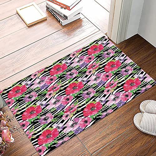 Badematte 50x80cm, Rutschfeste Badteppich, Zebra-Dekor, tropische Blumen Sommergarten blüht Blätter auf Zebra-Hintergrund,Mikrofaser Badvorleger mit, Wasserabsorbierende Weiche teppiche für Badezimmer