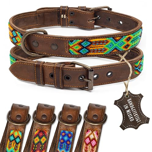 ALTEZAR Lederhalsband Hund - Doppelt Tribal Bestickt Grün Braun - Hochwertig verarbeitetes Hundehalsband Leder - Handgemacht in Mexiko - Größe L - Halsband Hund für große Hunde Leder breit