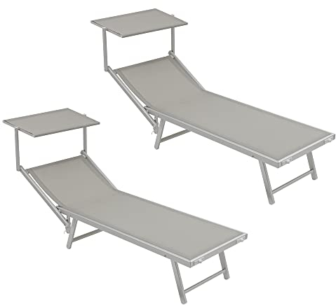 Baroni Home Sonnenliege mit Gestell aus Aluminium und Sonnenschütz, klappbare Liegesthul mit verstellbaren Rückenlehne, bequem und strapazierfähig Gartenliege, 60x190x35 cm (Grau, 2 Stücke)