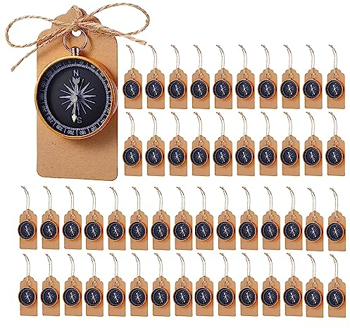 Joyfulmap 50 Sets Mini Kompass Favors Kompass Favors mit Kraft Tags, Metall-Kompass für Hochzeiten Geburtstag Themed-Nautical-Outdoor-Camping Party Dekorationen (Golden)