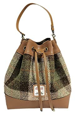 Harris Tweed-Wolle und Leder, stilvolle und geräumige Geldbörse für Damen, Crossbody/Handtasche/Hobo-Tasche (19,1 x 17 x 11,9 cm), braun-grün