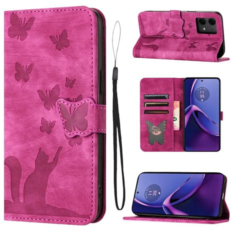 LSPCASA Housse Protection pour Motorola Moto G84 5G Matériau en Cuir PU Coque Moto G84 avec Fentes pour Cartes Étui Motif Papillon Chat Coque Motorola G84 Rose