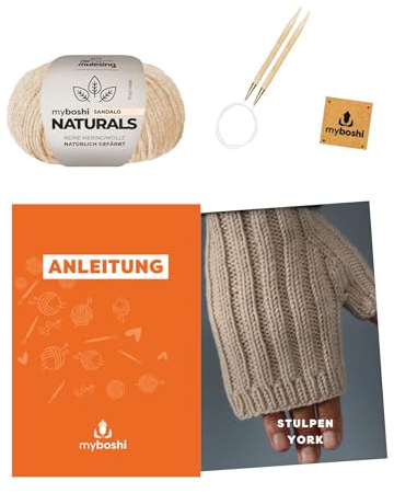 myboshi Strickset Stulpen York, Strickset für Fortgeschrittene, inkl. Naturals Wolle, Nadelspielen, Anleitung, Label, 100% Wolle (Merinowolle), Beige mit Nadelspiel