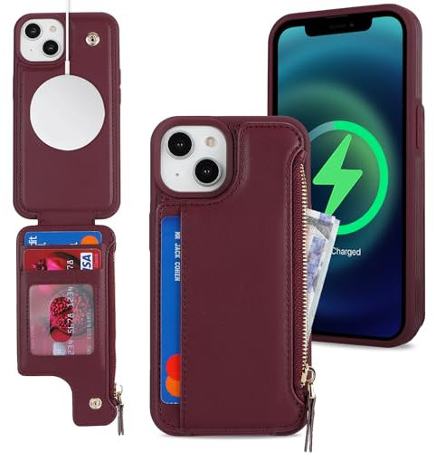 SailorTech iPhone 13 Case with Credit Card Holder magsafe, iPhone 13 Phone Leather Case Wallet for Women Compatible mag safe Card Slots Zipper Shockproof Case for Men - Burgundy