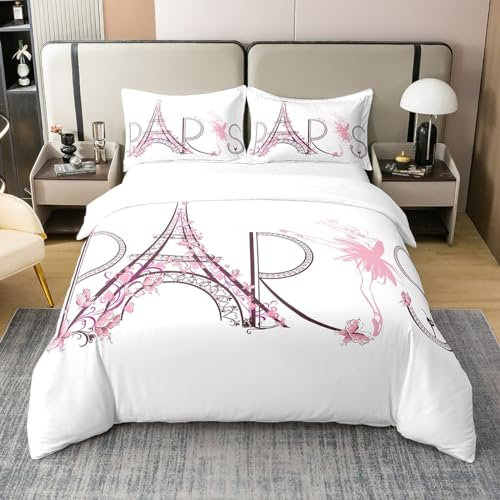 Homewish Coton, Housse de Couette 240x260 Tour Eiffel, Parure de Lit Ballerine pour Amateurs de Danse Classique, Ensemble de Literie Paris pour Filles Femmes, Motif Floral Coeur Rose