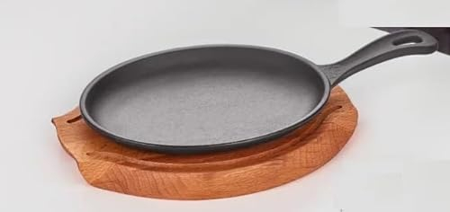 Nobel Fajita Oval Shaped Japanese Teppanyaki Grill Platter, Cast Iron Sizzling Plate with Wooden Base, 32.5 x 16.5 x 2.5 cm, Black