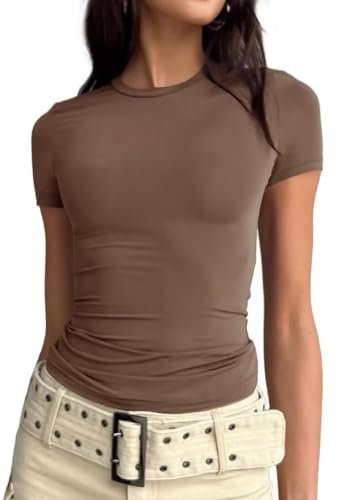 LACOZY Womens Round Neck Short Sleeve Shirt Skinny Dupes Tee Shirts Casual Workout Crop Tops Coffee L