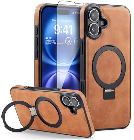 Sibada Custodia in pelle per iPhone 16, con supporto a cerchio nascosto, per magnetico, alla moda ed elegante, sottile, per business (2024) da 6,1, marrone