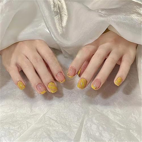 Short Square Press on Fake Nails Cute Cherry Nail Art Decoration Yellow French Manicure for Women and Girls 24pcs