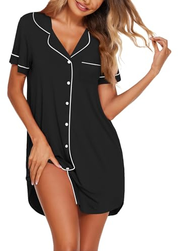 Ekouaer Nighties for Women Button Down Nightdress, 1-Black, XL