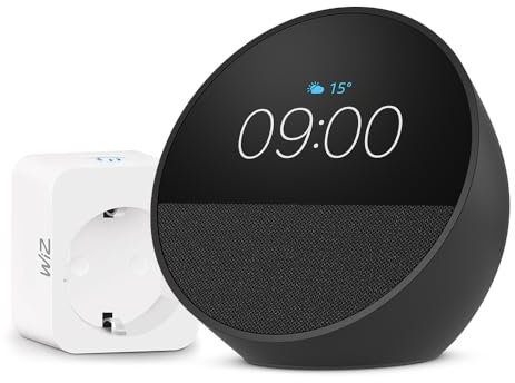 Echo Spot | Negro + WiZ Enchufe Inteligente, compatible con Alexa - Kit de inicio de Hogar digital