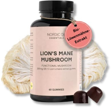 Löwenmähne Pilz - Lions Mane Gummies | 4000 mg Löwenmähne Extrakt je Gummie | 60 vegane, gluten- und zuckerfreie Gummies | Um die kognitive Gesundheit zu unterstützen | Nordic Oil