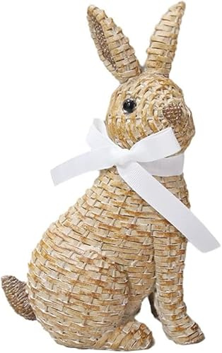 Gresonic Cute Bunny Rattan Sculpture, Resin Rabbit Desktop Decor, Easter Ornaments for Garden and Children's Room Decoration (Rabbit Sit)