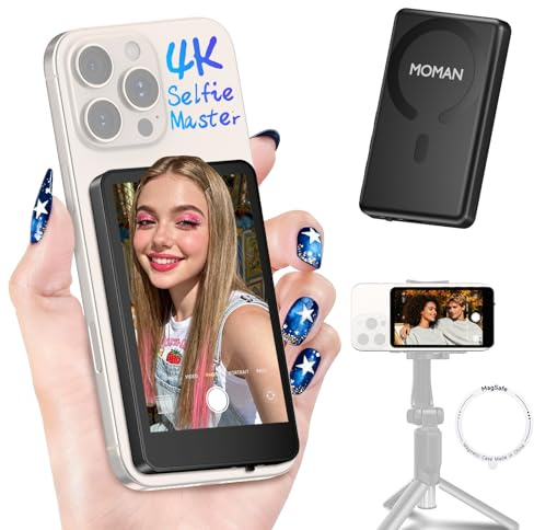Moman Pantalla Monitor de Selfie 4K/1080p para iPhone y Android, Monitor Magnético Inalámbrico 50m Cámara Posterior para Selfie Vlog TikTok Live Streaming - Negro