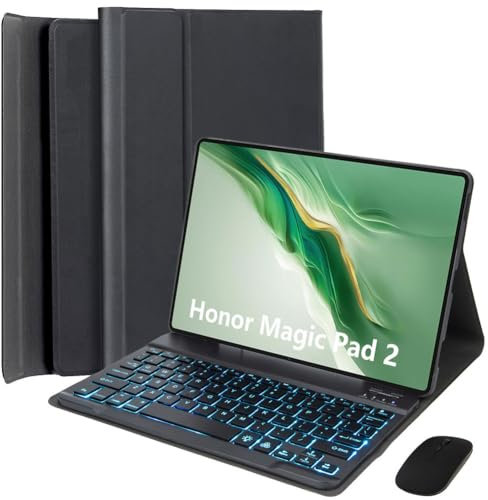 HEKUEUN Funda con Teclado para Honor Magic Pad 2 12,3 Pulgadas Tableta, Español Ñ Teclado Bluetooth Desmontable con Retroiluminación 7 Colores, Funda Tipo Folio Ultrafina Y Ligera con Ratón