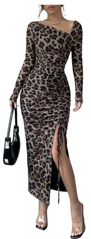 GORGLITTER Leopard Print Dresses for Women Mesh Ruched Asymmetrical Long Sleeve Bodycon Split Thigh Midi Party Dress