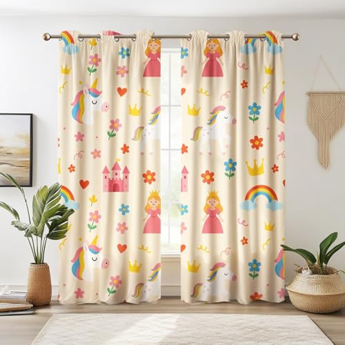 SeseBee 2-teiliges Einhorn-Verdunkelungsvorhangset für Kinderzimmer, niedliches Regenbogen-Cartoon-Fenster, magische Regenbogen-Cartoon-Verdunkelungsvorhänge für Kinderzimmer