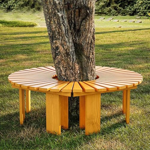 Baumbank für Draußen,Runde Baumbank,Holzbank,Parkbank,Lattensitze für den Außenbereich,die Veranda, den Park, den Rasen, den Garten und den Balkon,Allwetter-Dekoration für den Außenbereich Gelb
