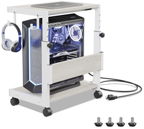 CNTSLNB höjdjusterbart PC-stativ med hjul, 2 krokar, 2 nivåer | Datortornstativ, skrivarstativ med förvaringsutrymme, ATX-hölje upp till 50 kg, PC-vagn för hemmakontor, vit, liten