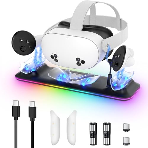 Kinwin RGB Magnetic Charging Dock for Meta Quest 3S/3 Headset & Controller | Charging Station for Oculus Quest 3S/3, VR Controller Charger Stand for Quest 3, with RGB Light, 2 Batteries, 2 Battery Cover