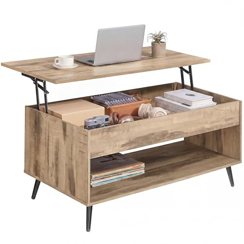 VASAGLE Couchtisch, höhenverstellbarer Wohnzimmertisch, 50 x 100 cm | Kaffeetisch, mit offenem Fach und versteckten Fächern, kamelbraun-mattschwarz, MIRANTA Kollektion LCT267LB01