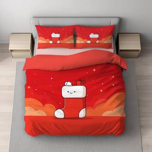 Generisch Bettwäsche 135 x 200 - Rot Weiß Bügelfrei Farbbeständig Bettwäsche-Sets-Bettbezug (135 x 200) + Kissenbezüge - Für Allergiker GeeignetCartoon Festlich Socken