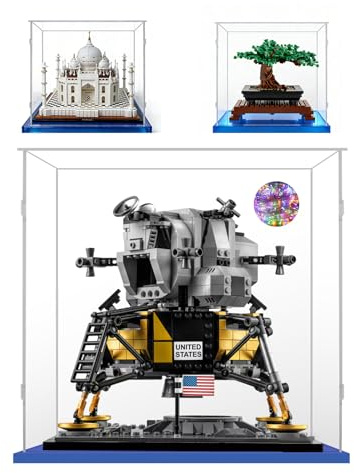 Acryl Würfel Vitrine 25x25x25,3mm Dick Transparente Schaukasten für Creator Expert NASA Apollo 11 Mondlandefähre 10266 Bonsai Baum 10281 Taj Mahal 21056 Figuren (Blau Basis)