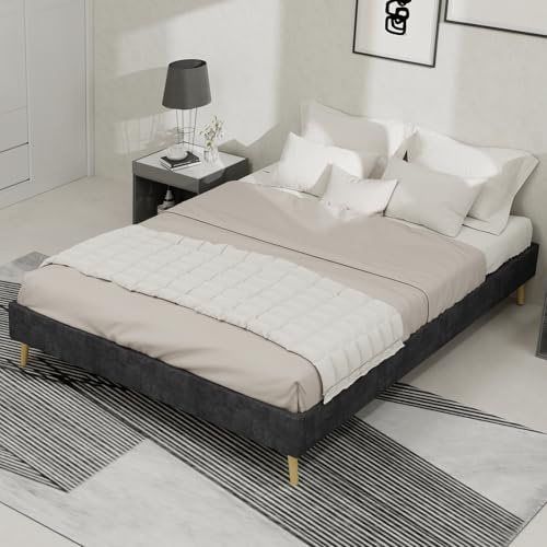 kozamas Polsterbett 140x200 cm Grau, Dutch Velvet Stoff, Niedriges Design Bett ohne Kopfteil & Matratze