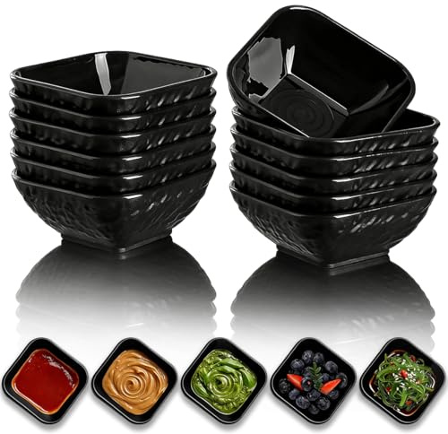 Berglander Dip Bowls Set 12pcs, 180ml Black Plastic Dipping Bowls, Matte Stone Texture Soy Sauce Plates, Mini Appetizer Bowls for Side Dishes, Condiment Server for Tomato Sauce, Ketchup, BBQ, Party