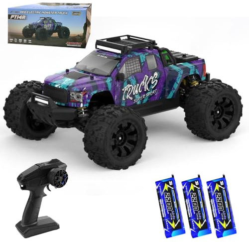 X-Verse PT14R 1:14 100KM/H Ferngesteuertes Auto, 4WD Wasserdichtes RC Autos mit 3S Bürstenloser Motor, 2.4GHz All Terrain Offroad RC Truck Truggy für Erwachsene (3 Batterien, lila)