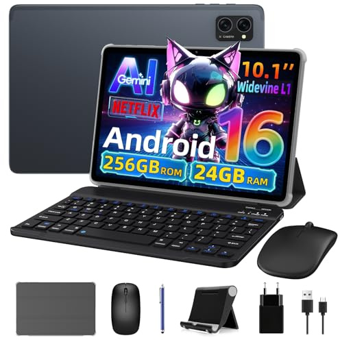 VekfulPC Tablet 10 Pollici Android 16 con Tastiera, 24GB RAM + 256GB ROM | Adatto per ufficio e studio: 5000mAh, Widevine L1, Octa-Core, WiFi, Face ID, Bluetooth 5.0, 8MP+5MP