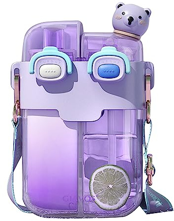 ZWWAAZHF Große, zweigeteilte Kunststoff-Trinkflasche mit Strohhalm, Cartoon-Print, für Sport, Reisen und den täglichen Gebrauch, für Erwachsene, Jugendliche und Kinder