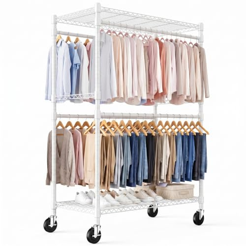 Himimi Kleiderständer Stabil, Kleiderständer auf Rollen mit 4 Kleiderstangen & höhenverstellbaren Ablagen, offener Kleiderschrank aus Metall für Schlafzimmer, Waschraum, Balkon, 114x52x203 cm, Weiß