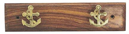 linoows Maritime Haken Leiste, Holz Hakenleiste mit Zwei Anker Haken aus Messing