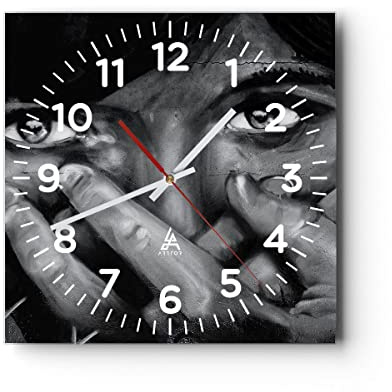 Modern Wanduhr Graffiti Wand Farbe Malerei 30x30cm Quadrat Klein Wand Uhr Glas Analog Zimmeruhren Küche Büro Wohnzimmer Glasuhr Wall Clock Dekoration Design Wanddekoration Küchenuhr C4AC30x30-0459